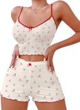 Hilinker Womens Graphic Print Ribbed PJ Set Crop Cami Tops and Shorts Cute Pajamas Set