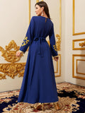 Middle Eastern Modest Maxi Dress - Muslim Moroccan Kaftan Abaya for Women Gold Embroidered Eid Dress Islamic Traditional Wear