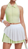 Airfree Tennis Skirt Sets for Women Outfits Lapel Collar Sleeveless Vests Patchwork Pleated Skirt Sets
