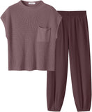 ANRABESS Women's Two Piece Outfits Knit Sweater Vest Crop Top Pants Lounge Matching Tracksuit Sweatsuit Travel Clothes Sets