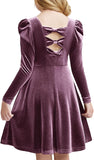 Arshiner Girls Long Sleeve Dress Velvet Crew Neck Bow Back Holiday Party Dresses with Pockets
