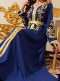 Middle Eastern Modest Maxi Dress - Muslim Moroccan Kaftan Abaya for Women Gold Embroidered Eid Dress Islamic Traditional Wear