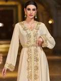 Lace Trim V-Neck Kaftan Dress, Long Sleeve Maxi Dress with Belt, Gold Embroidery Women's Evening Gown
