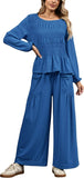 Womens 2-Piece Boho Long Sleeve Smocked Top & Wide Leg Pants Set Casual Lounge Outfit with Pockets