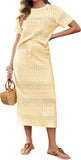 Tankaneo Womens Crochet Cover Up 2 Piece Skirt Sets Short Sleeve Knit Top Midi Skirt Vacation Travel Outfits