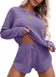 Ekouaer Womens Waffle Knit Pajama Sets Long Sleeve Top and Shorts Matching Lounge Set Loungewear Sweatsuit with Pockets
