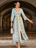 Elegant Floral Embroidered Kaftan Maxi Dress, Handcrafted Abaya 3/4 Sleeve with Gold Trim, V-Neck, Light Blue