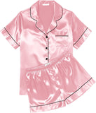 Ekouaer Womens Silk Satin Pajama Sets Soft Short Sleeve Button Down Sleepwear Top and Shorts 2 Piece Pjs Lounge Set