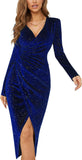 V Neck Long Sleeve Velvet Bodycon Midi Dress Glitter Ruched Formal Cocktail Party Dresses