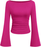 7DAY'S Women's Long Sleeve Shirts 2025 Fall Crop Going Out Tops Casual Boat Neck Bell Sleeve Ribbed Ruched Y2K Clothes