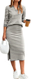 Glamaker Womens 2 Piece Skirt Sets Striped Sweater Dress Casual Polo Neck Knit Long Sleeve Midi Dresses Fall Fashion Outfits