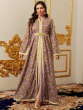 Abaya for Women Floral Embroidered Muslim Dress V-Neck Arabian Maxi Robe