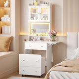 Maupvit Small Vanity Desk with Mirror and Lights, Modern Compact Make Up Vanity Set with Hidden Stool, Charging Station, Drawers, White Narrow Vanity Dressing Table with Fold-up Panel for Small Space