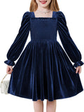 Arshiner Toddler Velvet Dress Girls Smocked Square Neck Puff Long Sleeve Party Dresses with Pockets 3-8Y
