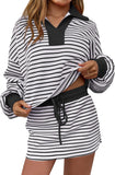 Womens 2 Piece Set Striped Sweatshirt Skirt Set Casual Long Sleeve Skort Workout Matching Lounge Set with Pockets