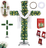 Cross Christmas Tree - 6 Ft Pre-Lit Artificial Pine Cross With LED Lights and White Crown Silk (4ft)