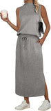GRECERELLE Two Piece Skirt Sets for Women Summer Outfits with Pockets Lounge Sets Mock Neck Tops Split Maxi Skirt