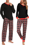 SWOMOG Couples Pajama Sets Women & Men Long Sleeve Sleepwear Top Plaid Pants Loungewear Set with Pockets
