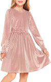 Arshiner Girls Long Sleeve Dress Velvet Crew Neck Midi Fall Vintage Plain Dress for Kids 4-13Y