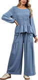 Womens 2-Piece Boho Long Sleeve Smocked Top & Wide Leg Pants Set Casual Lounge Outfit with Pockets