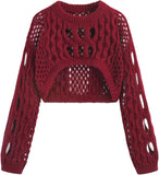 CIDER Cropped Sweaters for Women Knit Round Neckline Hollow Out Long Sleeve Crop Top Sweaters