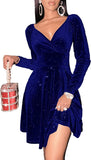 Sexyasasii Womens Wrap V Neck Long Sleeve Velvet Glitter A Line Cocktail Party Swing Fit and Flare Skater Mini Dress