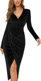 V Neck Long Sleeve Velvet Bodycon Midi Dress Glitter Ruched Formal Cocktail Party Dresses