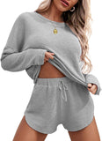 Ekouaer Womens Waffle Knit Pajama Sets Long Sleeve Top and Shorts Matching Lounge Set Loungewear Sweatsuit with Pockets