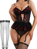 Women Lingerie Set Naughty Lace Bodysuit High Waisted Underwire Lingerie Babydoll With Garter Belt and Stockings