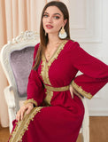 Muslim Kaftan Abaya Moroccan Long Sleeve Dress for Eid Ramadan V Neck Lace Belted Dress Kaftan Dubai Islamic Dress