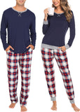SWOMOG Couples Pajama Sets Women & Men Long Sleeve Sleepwear Top Plaid Pants Loungewear Set with Pockets