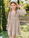 Batermoon Girls Long Sleeve Tie Back Dress Kids Fall Square Neck A-Line Mini Dresses 5-14 Years
