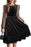 Arshiner Girls Dresses Contrast Mesh Velvet Long Sleeve A-Line Vintage Party Dress with Pockets