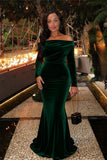 Off The Shoulder Velvet Formal Dresses Mermaid Long Sleeve Wedding Guest Dress Wrap Evening Dress
