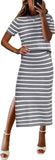 ANRABESS Womens 2 Piece Outfits Striped Sweater Skirt Sets 2025 Summer Casual Short Sleeve Pullover Tops Travel Midi Dress