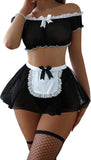 Sexy Stockings Mini Skirt Mesh Sheer Lace Halloween Costume Maid Outfit Lingerie with Thong Set 4 Piece