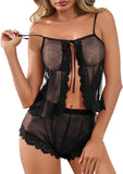 Kolagri Sexy Women Lace Pajamas Lingerie Set High Waist Sheer Sleepwear Bow Ties Cami Shorts Set