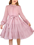 Arshiner Girls Long Sleeve Dress Tween Fall Formal Party Holiday Midi Tiered Flowy Swing Dresses with Belt 5-13 Y