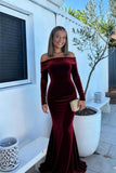 Off The Shoulder Velvet Formal Dresses Mermaid Long Sleeve Wedding Guest Dress Wrap Evening Dress