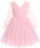 IMEKIS Toddler Kids Girls Tulle Dress Floral Embroidery Sparkly Wedding Party Long Sleeve Fall Photo Shoot Outfit 2-8T