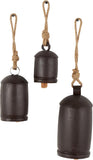 Deco 79 Gold Metal Tibetan Inspired Decorative Giant XL Cow Bells with Jute Hanging Rope, Set of 3 10",8",6"H - Cylindrical
