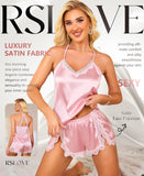 RSLOVE Women Pajama Set Sleepwear - Satin Pajamas Silk V Neck Cami and Shorts Pjs 2 Piece Womens Sexy Lace Lounge Nightwear