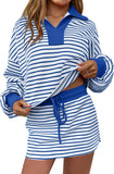 Womens 2 Piece Set Striped Sweatshirt Skirt Set Casual Long Sleeve Skort Workout Matching Lounge Set with Pockets