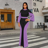 WXN Two Piece Sets for Women Going Out Long Flared Sleeve Colorblock Crop Top Wide Pants Set Brunch Outfits