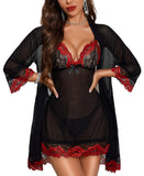 RSLOVE Women Sexy Lingerie Set 3 Piece Babydoll & Lace Kimono Robe Strap Chemise Mesh Nightgown Wine Red M