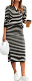 Glamaker Womens 2 Piece Skirt Sets Striped Sweater Dress Casual Polo Neck Knit Long Sleeve Midi Dresses Fall Fashion Outfits