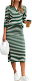 Glamaker Womens 2 Piece Skirt Sets Striped Sweater Dress Casual Polo Neck Knit Long Sleeve Midi Dresses Fall Fashion Outfits