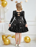 Arshiner Girls Long Sleeve Dress Velvet Crew Neck Bow Back Holiday Party Dresses with Pockets