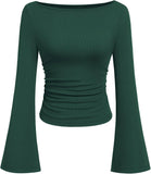 7DAY'S Women's Long Sleeve Shirts 2025 Fall Crop Going Out Tops Casual Boat Neck Bell Sleeve Ribbed Ruched Y2K Clothes
