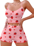 Hilinker Womens Graphic Print Ribbed PJ Set Crop Cami Tops and Shorts Cute Pajamas Set